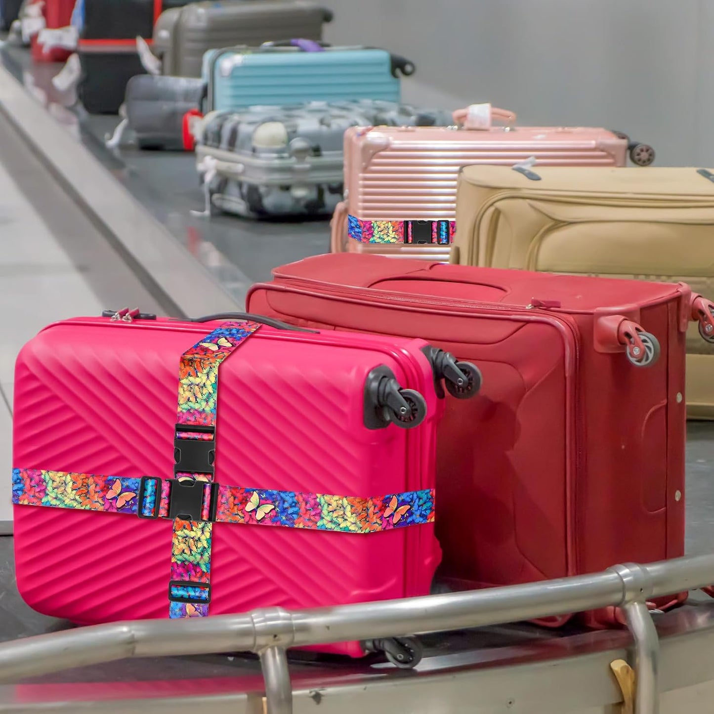BILIONE Vibrant Flowers-Pattern Luggage Straps for Suitcases, Travel Belt Accessories Luggage Identifiers Adjustable Nylon Suitcase Belts for Travel 2 Pack (Butterfly)