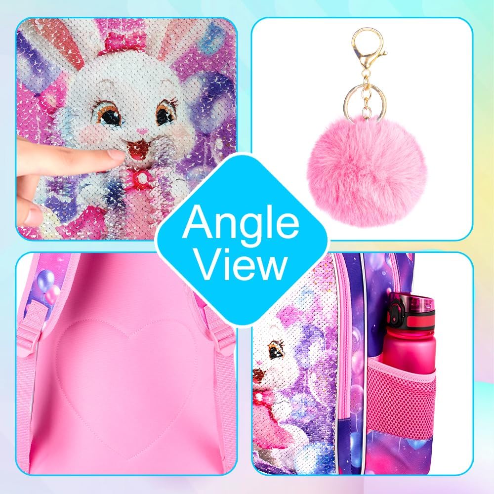 3Pcs Backpack for Girls, 16" Sequins Kids Bookbag with Lunch Box, Bunny School Backpacks for Elementary Preschool Kindergarten (Pink)