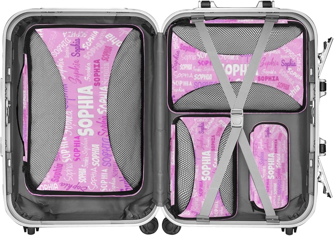 Custom Packing Cubes with Name - 4 Piece Pink Packing Cubes Compression Luggage Suitcase Organizer Set