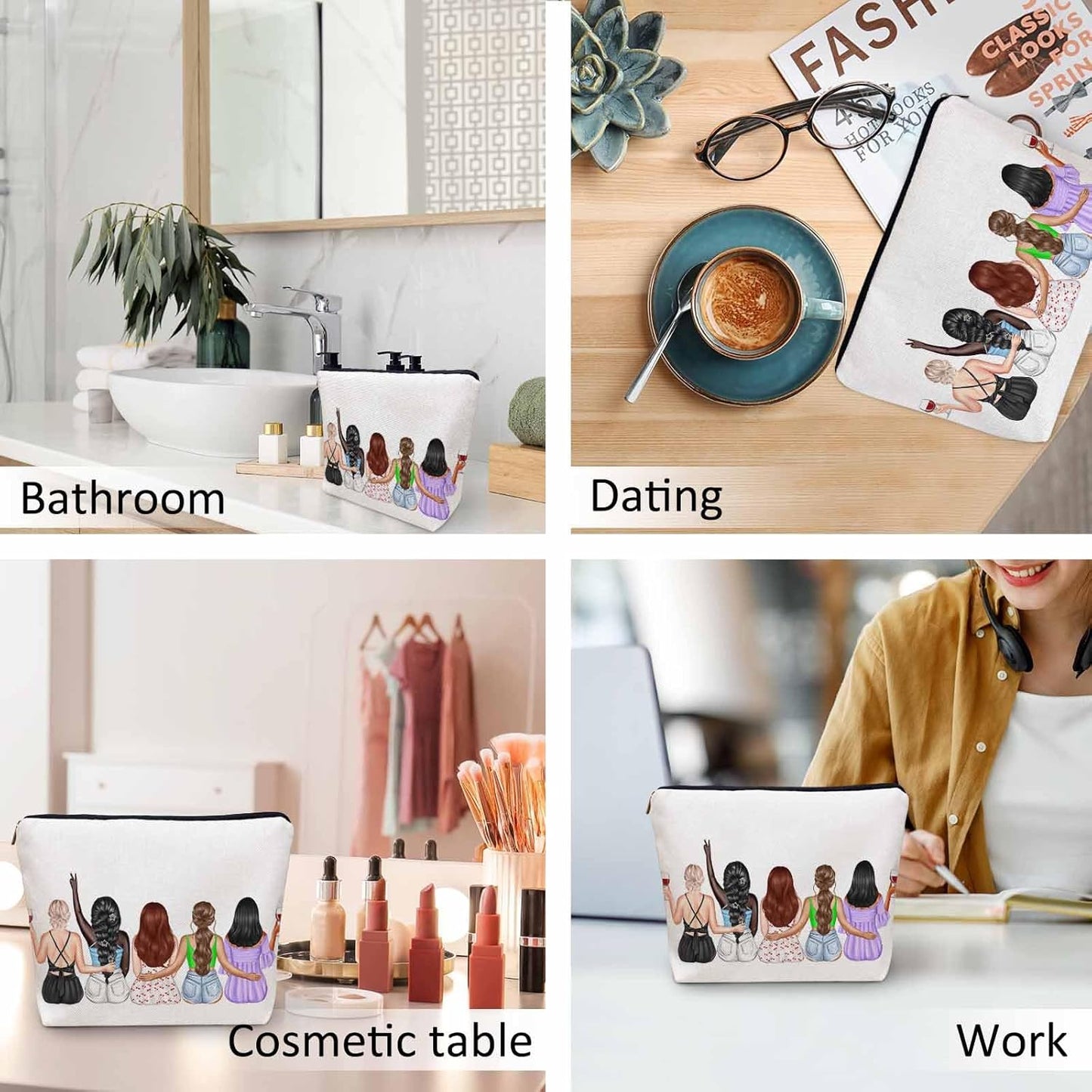 Women Cosmetic Bag Best Friends, Pretty Women Soul Sisters Cute Makeup Bag For Purse Cosmetic Travel Bag For Toiletries Makeup Storage Bag Flax Skincare Bag Make Up Pouch Bags
