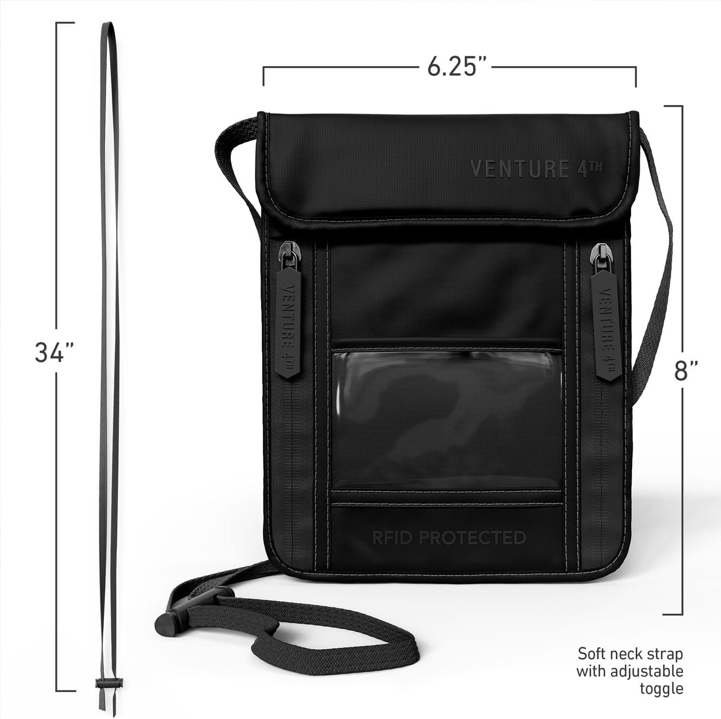 VENTURE 4TH Neck Wallet, RFID Blocking Passport Holder for Travel – Hidden Neck Pouch with 5 Compartments, Slim Lightweight Organizer with Adjustable Strap for Cash, Cards & Passport (Sleek Black)