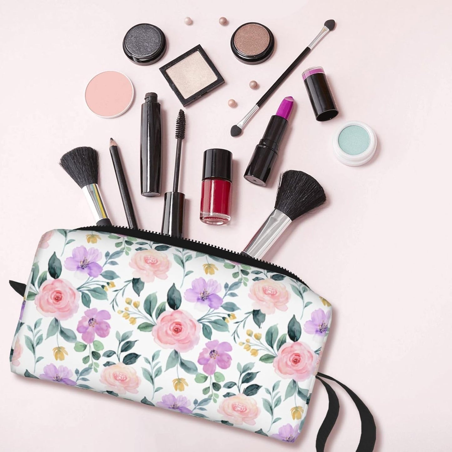 Watercolor Lavender Mist Floral Makeup Bag Small Compact & Durable Travel Cosmetic Bag Organizer Oxford Fabric Impact-Resistant Multi-Purpose Storage Perfect for Travel, Gym, Daily Use