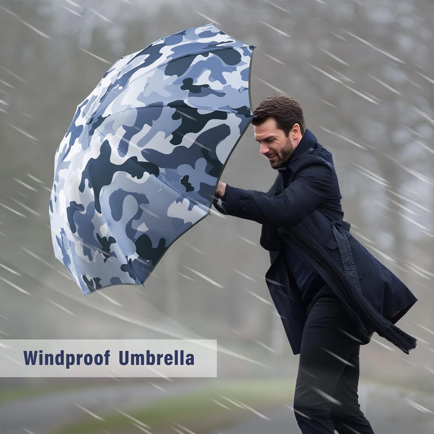Large Windproof Travel Umbrella, Portable Reverse Folding Rain Umbrella for Car,Women and Men, Durable, Compact Inverted Design with Camouflage Canopy, Fits Backpack, 41.5/13 Inch, Automatic