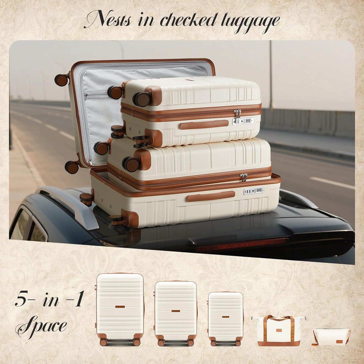 Luggage Sets with spinner wheels, PC+ABS Hard Shell Travel Luggage,Lightweight Carry-on suitcases with TSA Lock,YKK Zippers (Beige, 5 piece sets(20/24/28/DB/TB))