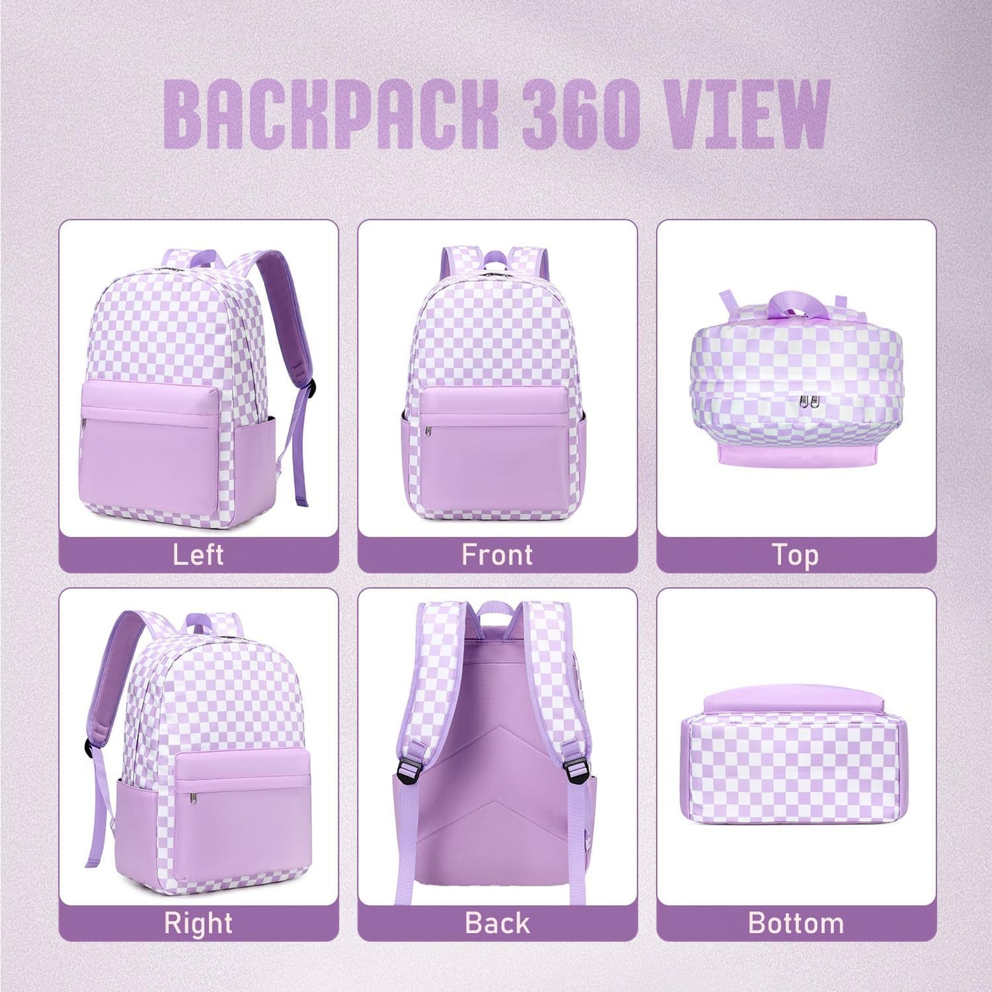 Checkered Backpack - School Backpack for Kids, Large Capacity, Waterproof, Lightweight, Black