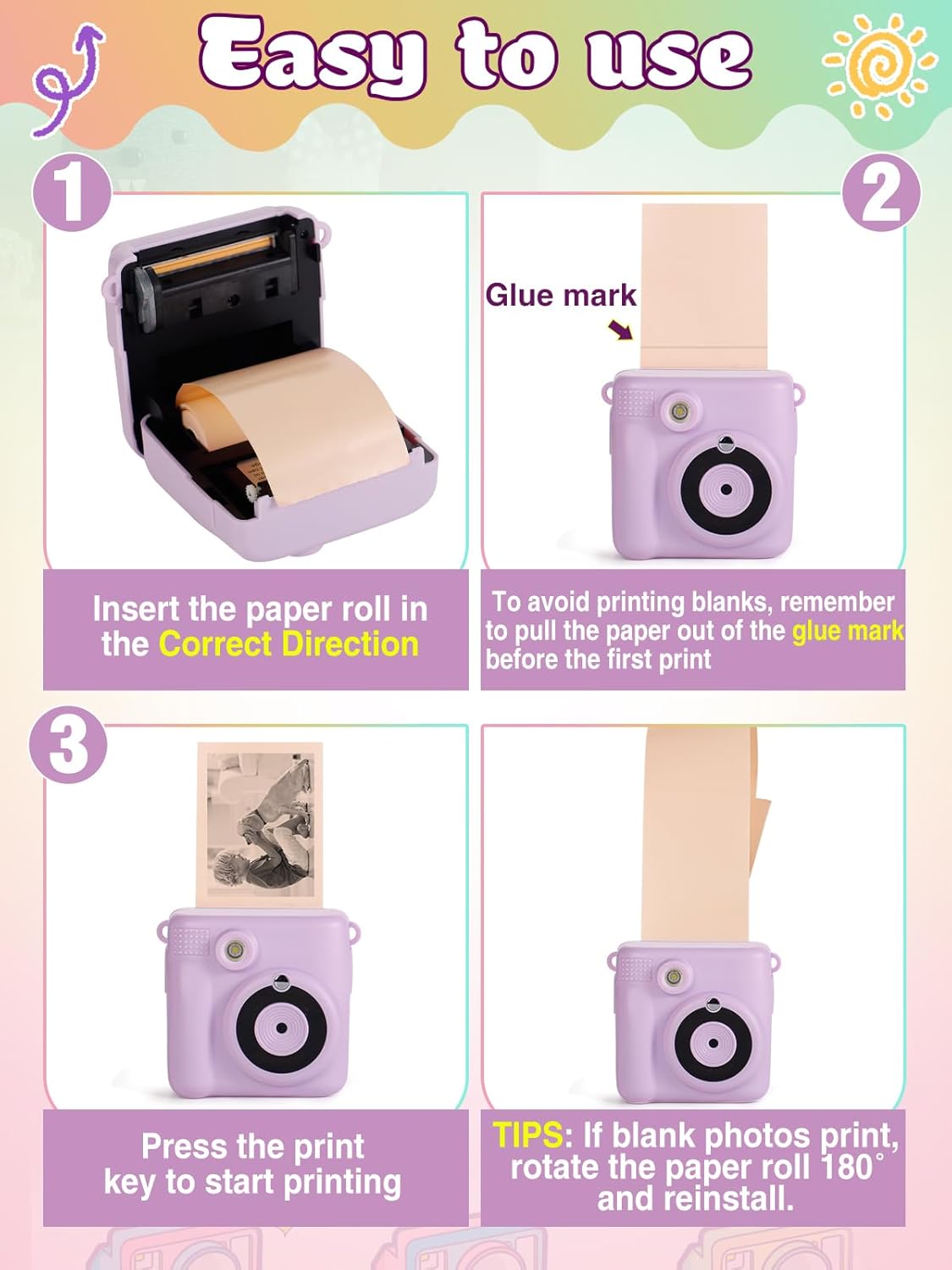 9 Rolls Kids Instant Camera Print Refill Paper- Photo Printer Thermal Paper Rolls Instant Print Camera Refill Paper for 4 5 6 7 8 9 10 Year Old Girls Boys Birthday Gifts, Candy Color