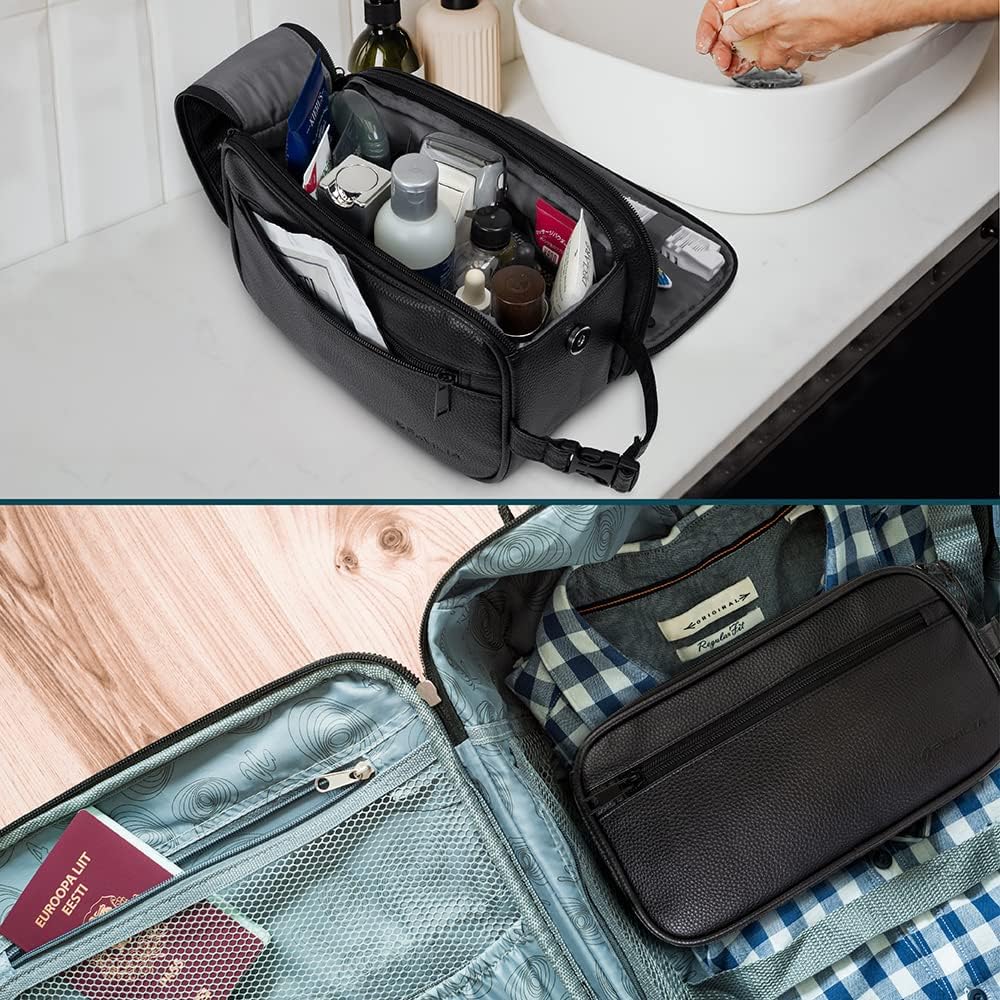 PAVILIA Toiletry Bag for Men, Travel Essentials Shaving Dopp Kit, Mens Travel Bag Toiletries Organizer Case for Grooming, PU Leather Water Resistant Cosmetic Bag Pouch (Black)