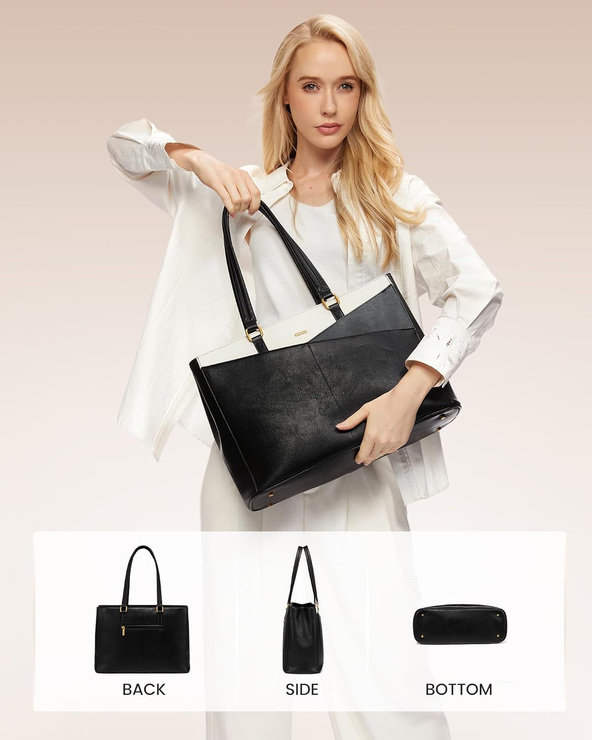 LOVEVOOK Women's Vintage Leather Work Tote, 15.6 Inch Laptop Bag - Waterproof Business Bag, Black & White & Gray