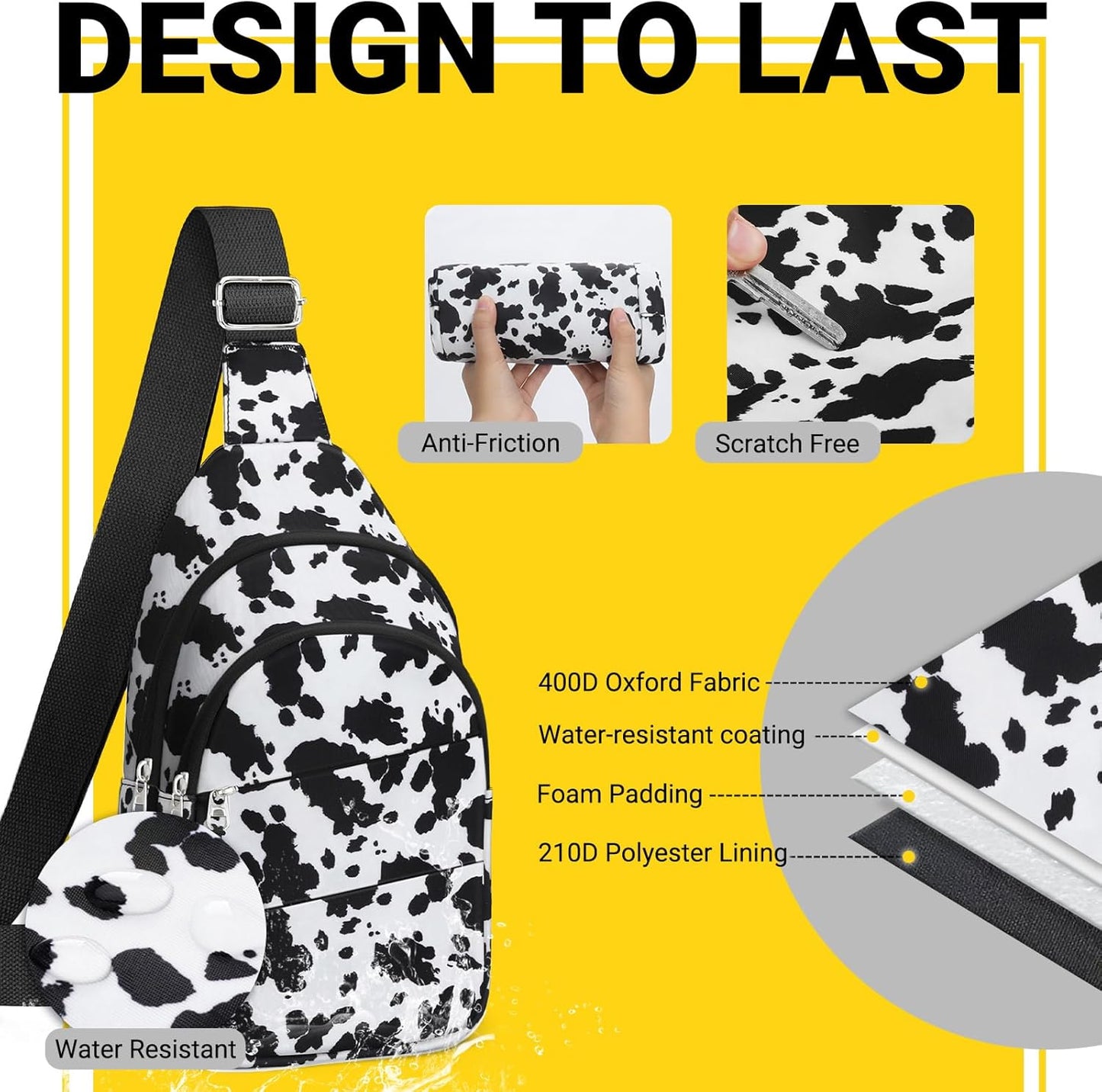 Crossbody Bags for Women, Sling Bag for Men, Small Hiking Backpack Anti Theft Lightweight for Outdoors Travel (M, Cow Print)