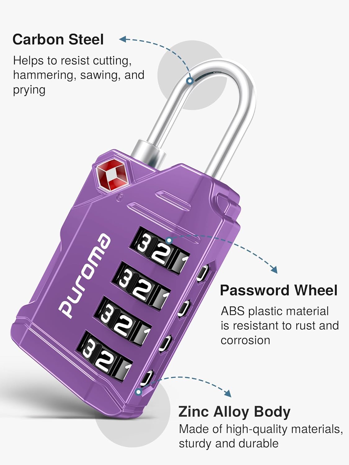 Puroma TSA Approved Luggage Locks, 2 Pack 4 Digit Resettable Travel Combination Code Lock with Zinc Alloy Body for Suitcase, Backpack, Laptop Bag, Gym Locker, Toolbox (Purple)