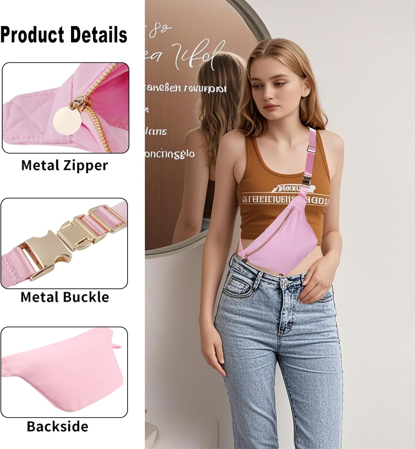 Fanny Pack Travel Belt Bag Stadium Sling Bags Approved Water-resistant Nylon Crossbody Bags for Women (Light Pink)