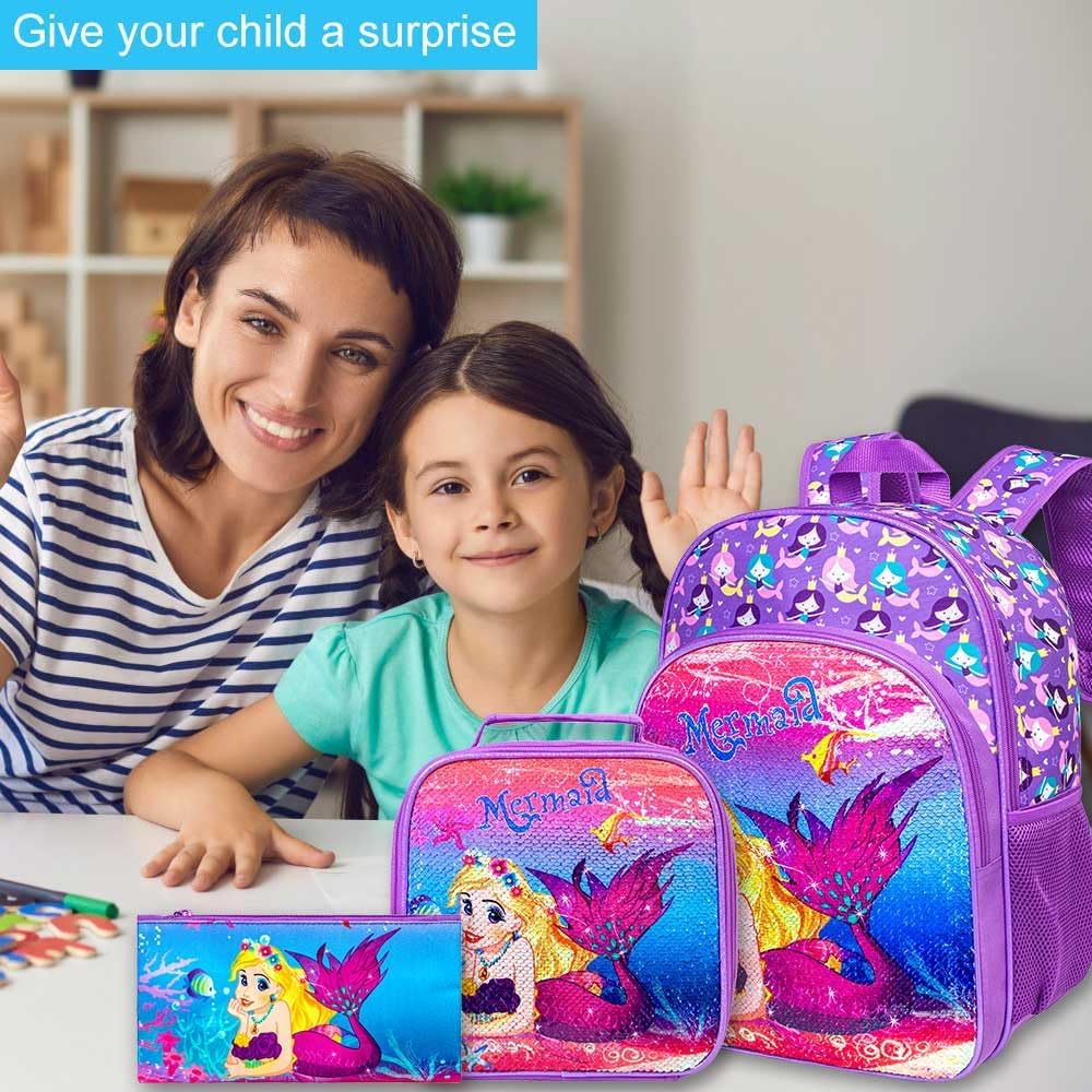 UFNDC 3PCS Backpack for Girls with Lunch Box,16”Kids Sequin Bookbag with Lunch Box, School Bag for Elementary Toddler