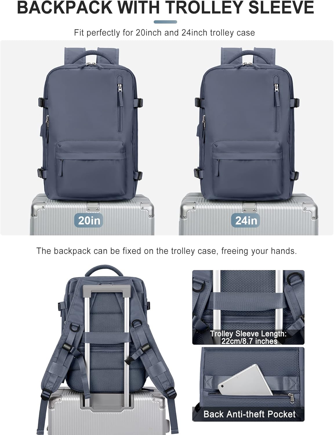 VGCUB Large Travel Backpack Bag for Women Men,Carry on 17 Inch Laptop Business Work Waterproof Backpack with Laptop Compartment,Person Item Flight Approved,Mochila de Viaje,Grey Blue Large