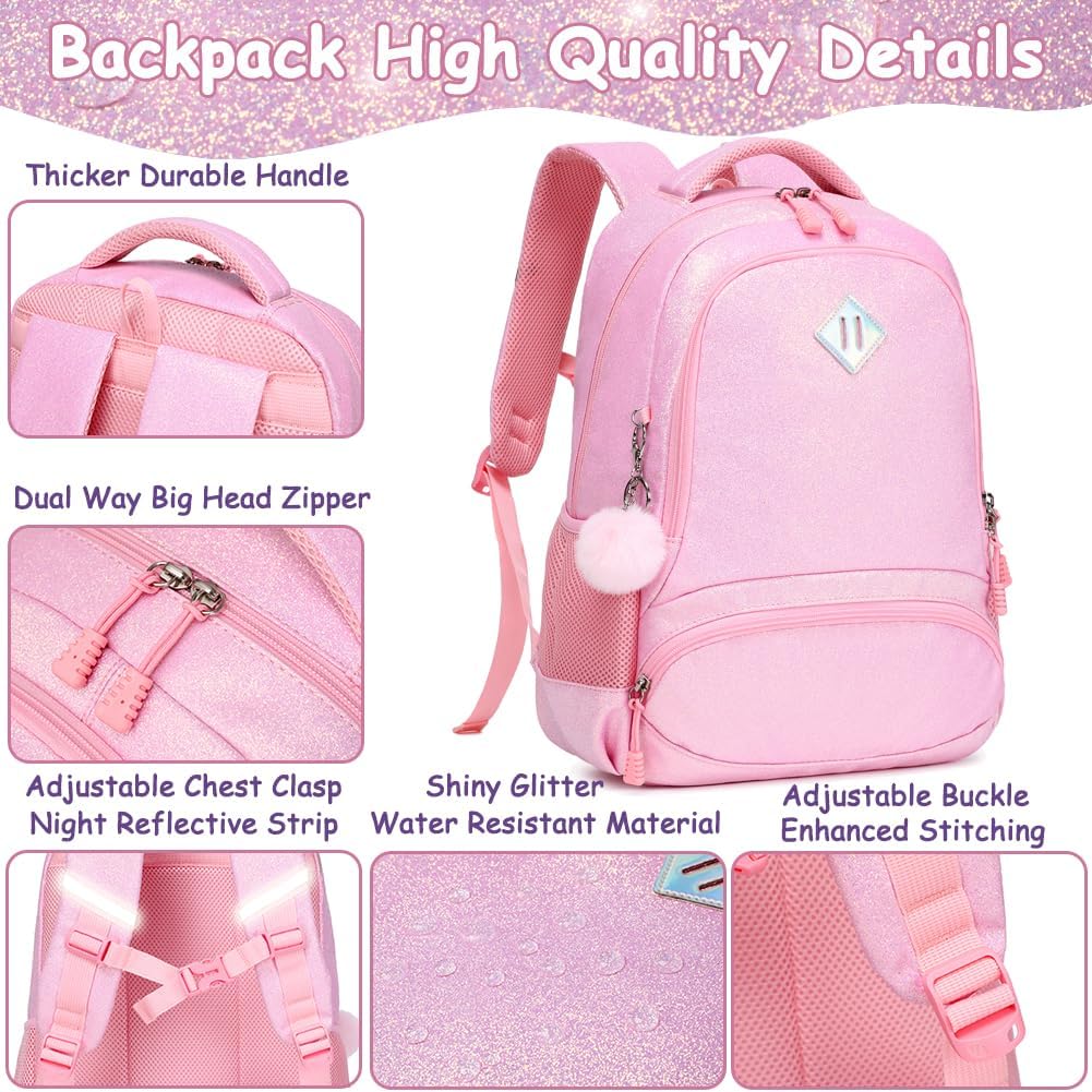 School Backpack for Girls Shiny Glitter Sparkly Bookbag for Kids Elementary Middle School Bags for Girl Blingbling Pink