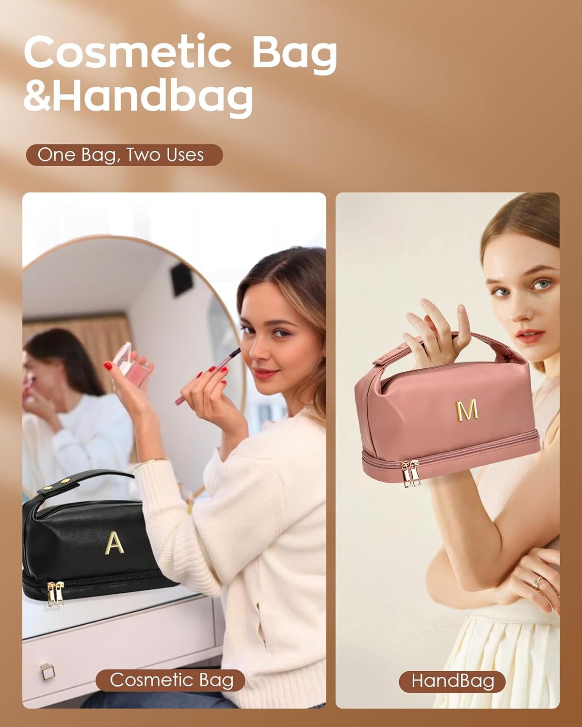 Daughter Gifts, Personalized Makeup Bag with Handle, Initial Double Layer Cosmetic Bag with Makeup Brush Organizer, PU Leather Travel Toiletry Bag, Gifts for Friends Female Mom