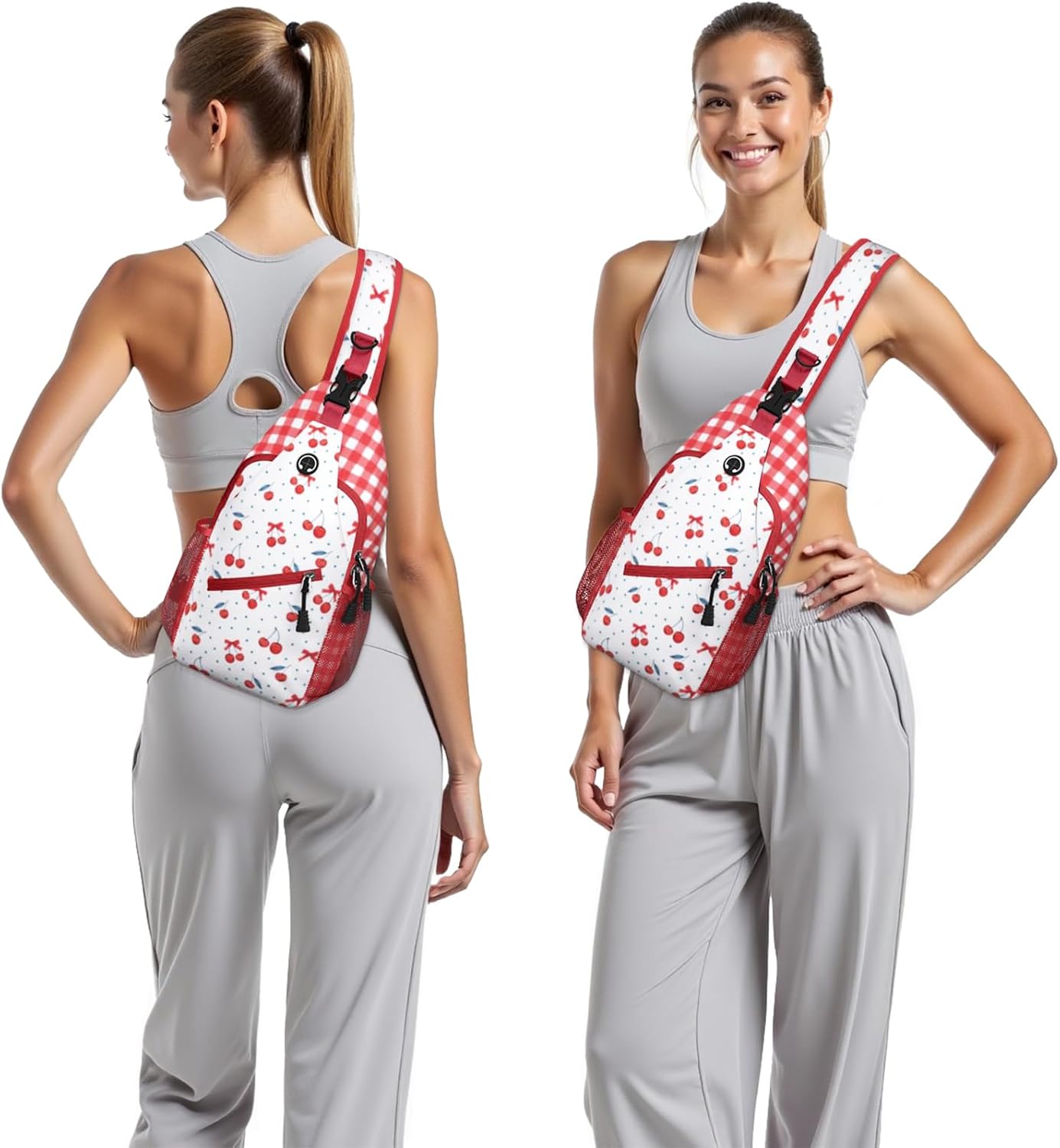 Red Cherry Plaid Sling Bag Crossbody Chest Bag for Women Men, Water Resistant Lightweight Casual Crossbody Bag with Adjustable Strap, Travel Hiking Daypack Shoulder Backpack