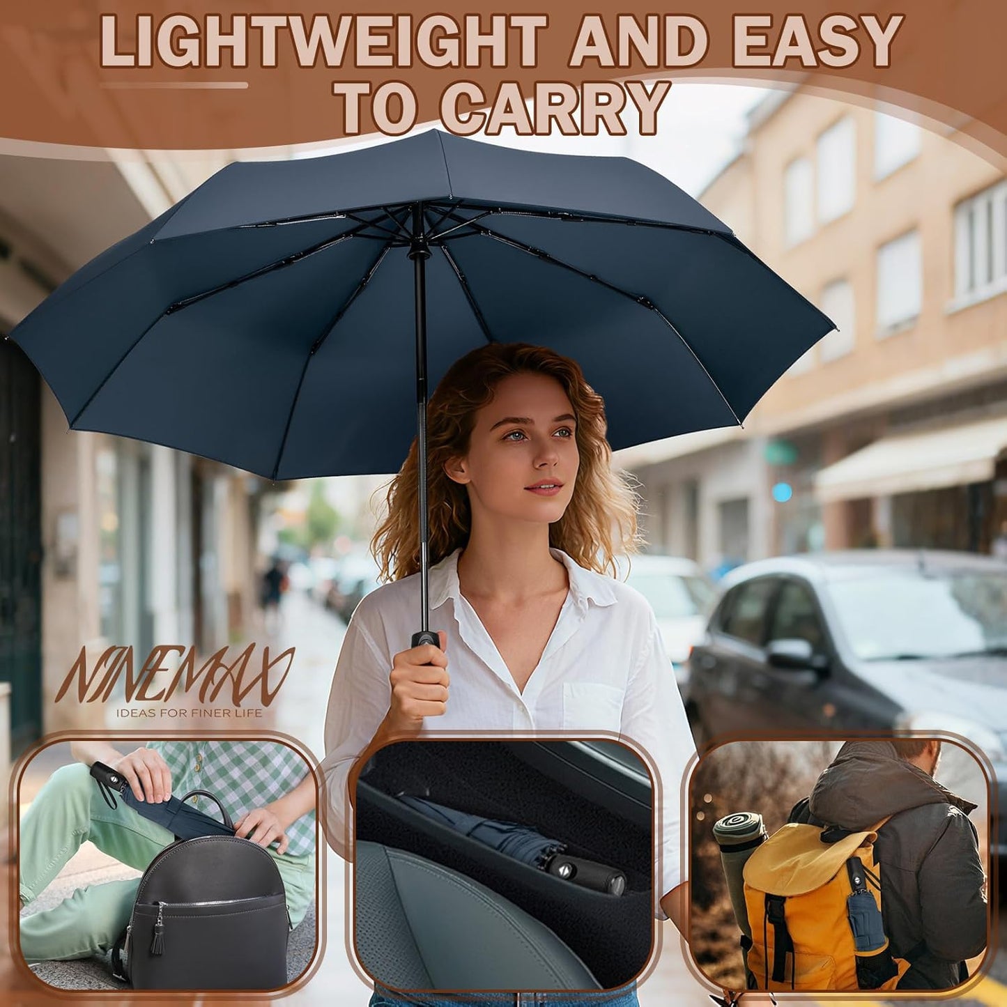 NINEMAX Travel Folding Umbrella Windproof for Men Women, Portable Compact Umbrellas Automatic Open and Close for Rain