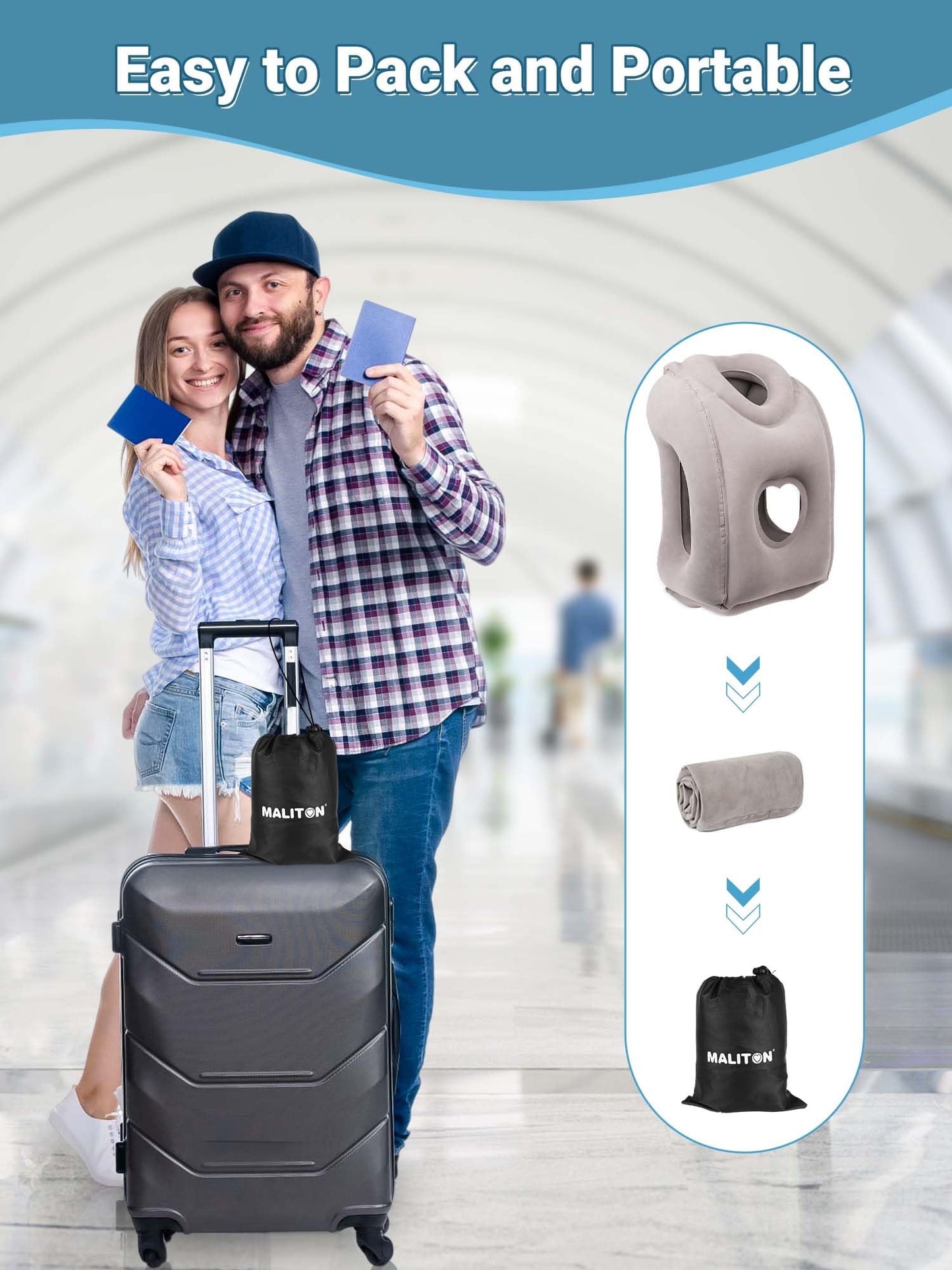 Maliton Inflatable Travel Pillow for Airplane Comfortable Sleeping, (Grey)