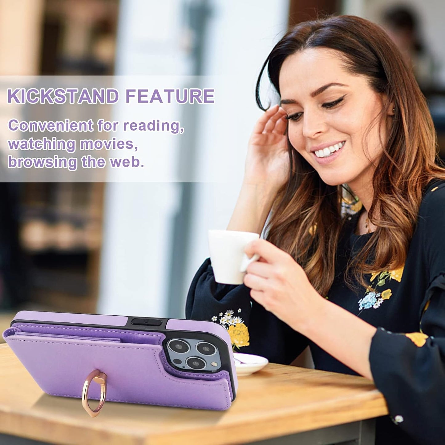 Folosu Compatible with iPhone 14 Pro Case Wallet with Card Holder, 360°Rotation Finger Ring Holder Kickstand, RFID Blocking Leather Protective Double Buttons Shockproof Cover 6.1 Inch Purple