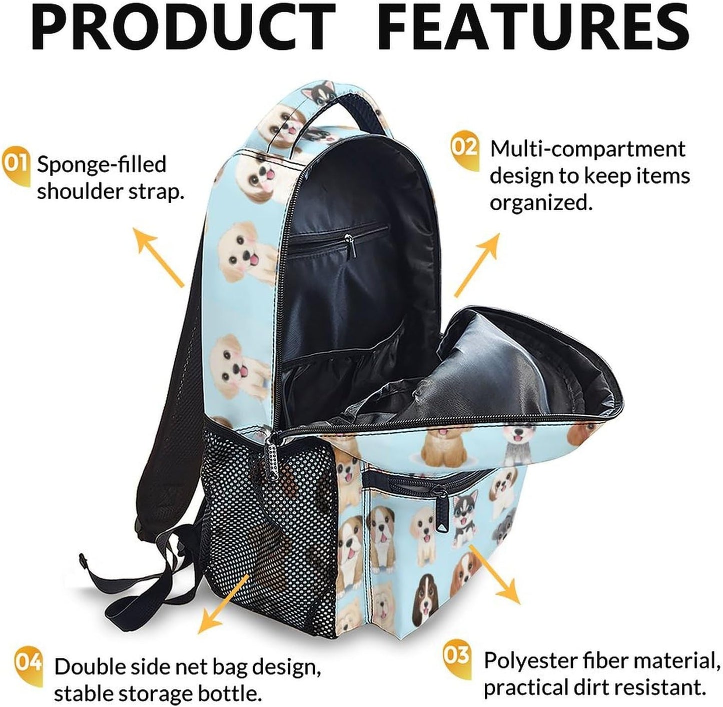 Dog Backpacks for Kids, Large Capacity Backpack for School, Cute Blue Doggy Print Lightweight Bookbag for Boys & Girls