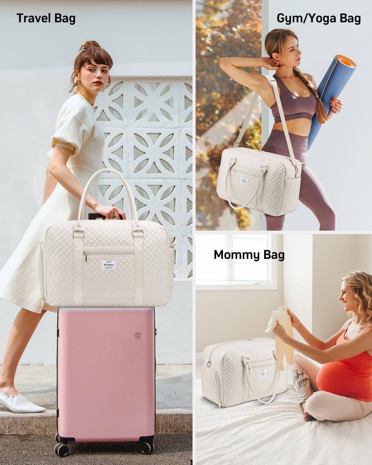 Travel Duffle Bag, Weekender Bags for Women with Shoe Compartment, Carry on Overnight Bag with Toiletry Bag & Wet Pocket, Hospital Bags for Labor and Delivery (Beige)