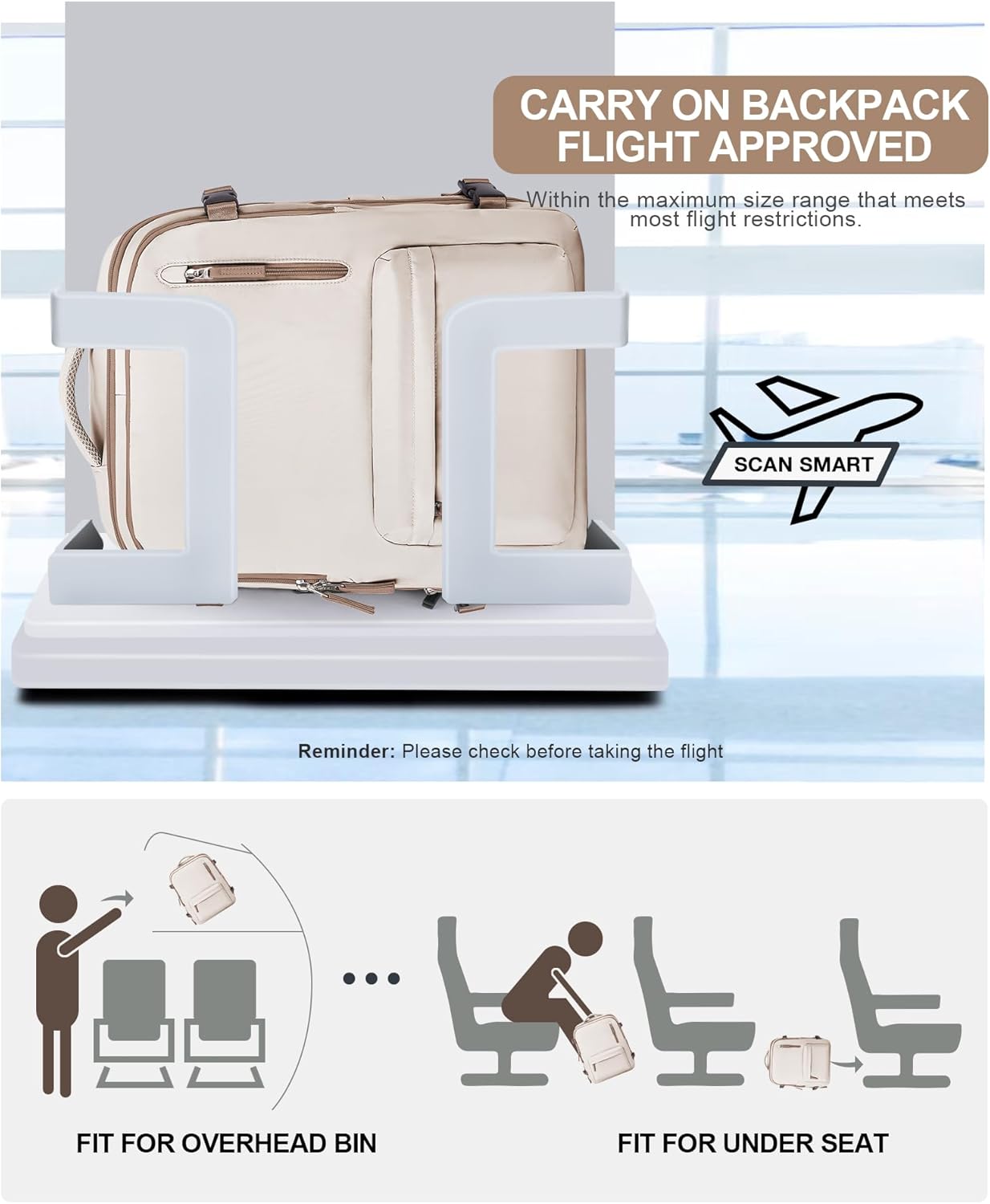 VGCUB Lightweight Travel Backpack for Women Men,Carry on Flight Approved Luggage,Water Resistant Laptop College Work Backpack Personal Item Daypack bag Mochila de Viaje,Beige with Brown