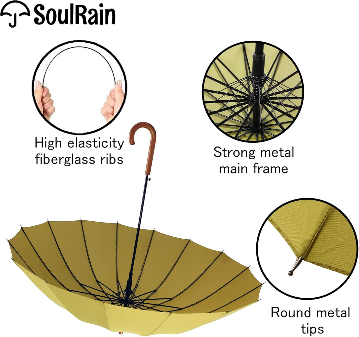 SoulRain 16 Ribs 48" Stick Umbrella Auto Open Solid Color Fashionable and Simple,Arc Classic Wood Handle,Windproof Unbreakable Stick Rain Umbrella