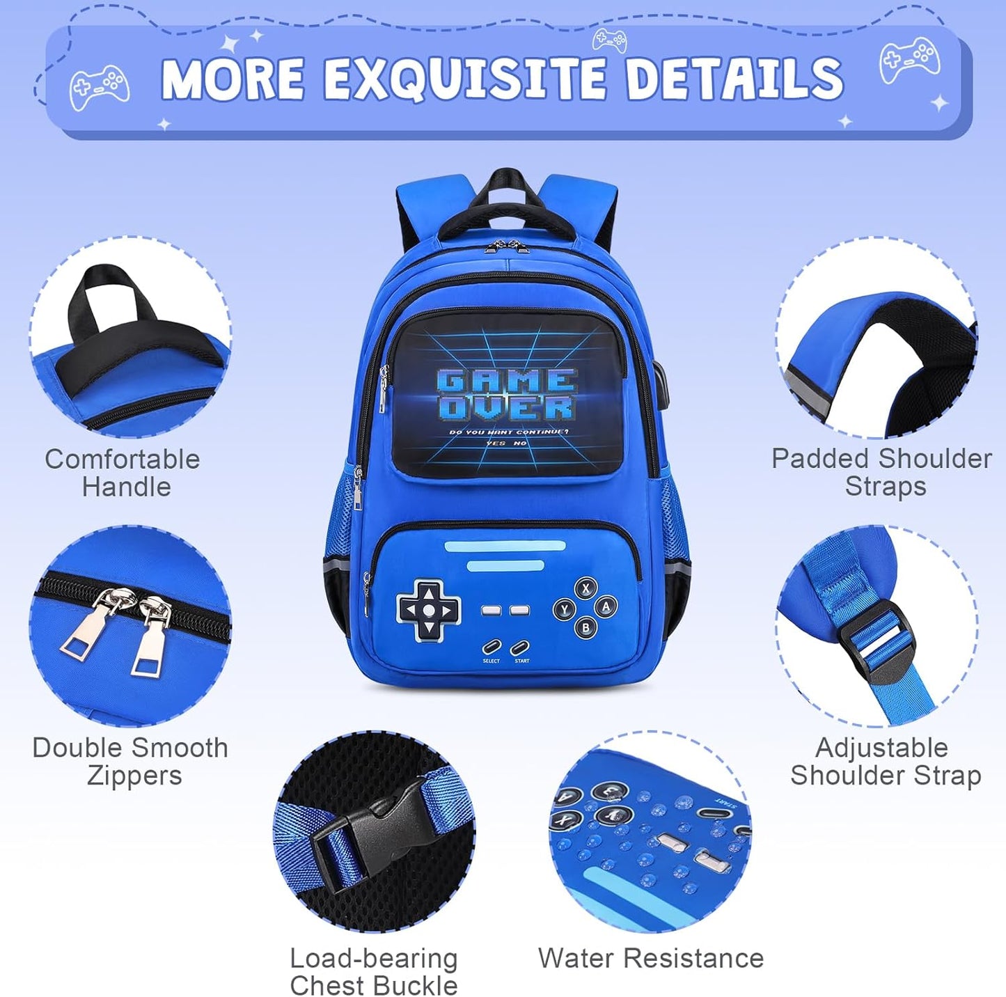 Gamer Backpack for Boys - Cool Luminous School Backpack with Lunch Bag Pencil Case - Kids Boys Backpack Elementary Middle School Book Bags for Teen with USB Charging Port (Blue