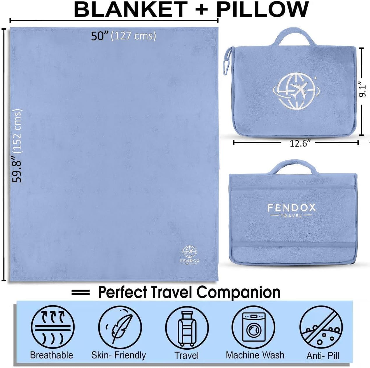 2-in-1 Travel Blanket and Pillow – Lightweight, Compact, Ultra Soft, Machine Washable – Handle, Luggage Sleeve, Backpack Clip – for Travel Airplane, Car, Office (Light Blue)