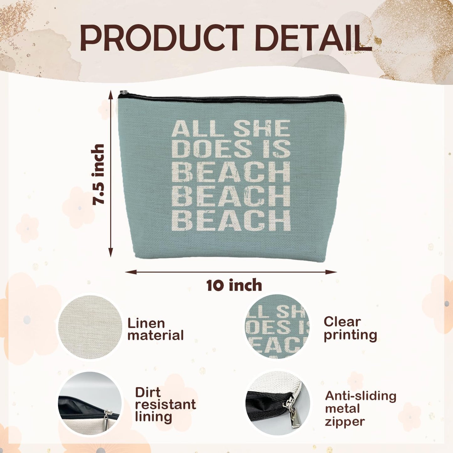 Blue Beach Makeup Bag, Sea Lover Gift, Summer Coastal Cosmetic Makeup Bag, All She Does is Beach Ocean Pouch Purse, Gifts for a Beach Lover