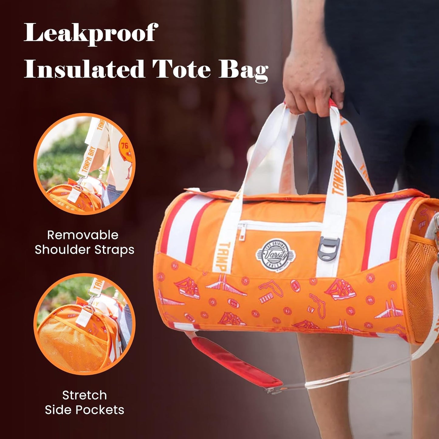 Varsity Cooler Tampa Bay Travel Party Duffel & Cooler – 30 Can Leakproof Insulated Tote Bag, Waterproof Soft Compartment for Tailgating, Golf, Beach, Carry-On Luggage & Outdoor Sports