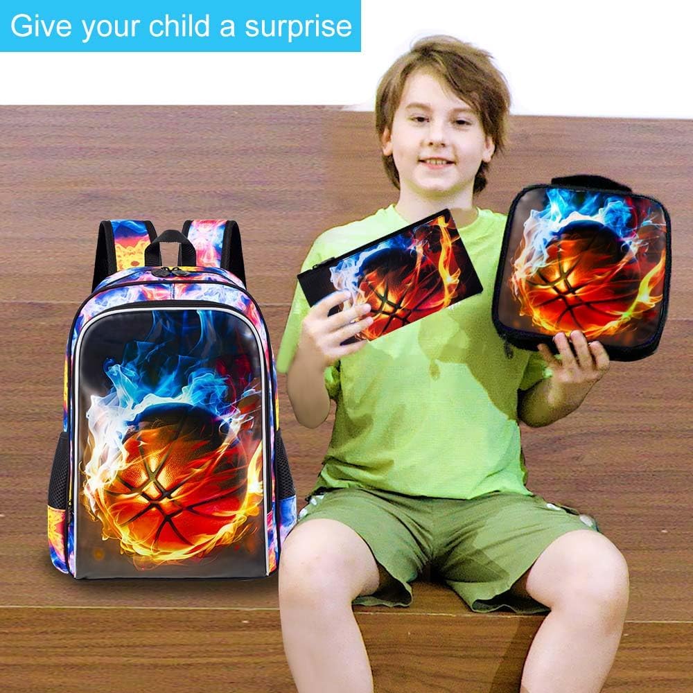 UFNDC 3PCS Kids Basketball Backpack, Boys Fire School Bag with Lunch Box, 17" Water Resistant Bookbag for Teenagers Elementary Middle