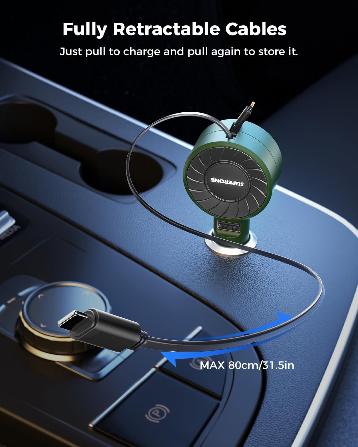 SUPERONE 3-in-1 Car Charger with Retractable Cords, USB C Charger Car Adapter Compatible with iPhone 17/16/15/14/13/12/11 Pro Max Samsung Android Phones