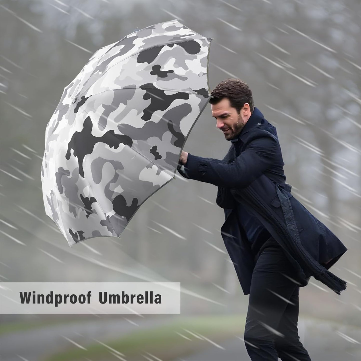 Large Windproof Travel Umbrella, Portable Reverse Folding Rain Umbrella for Car,Women and Men, Durable, Compact Inverted Design with Camouflage Canopy, Fits Backpack, 41.5/13 Inch, Automatic