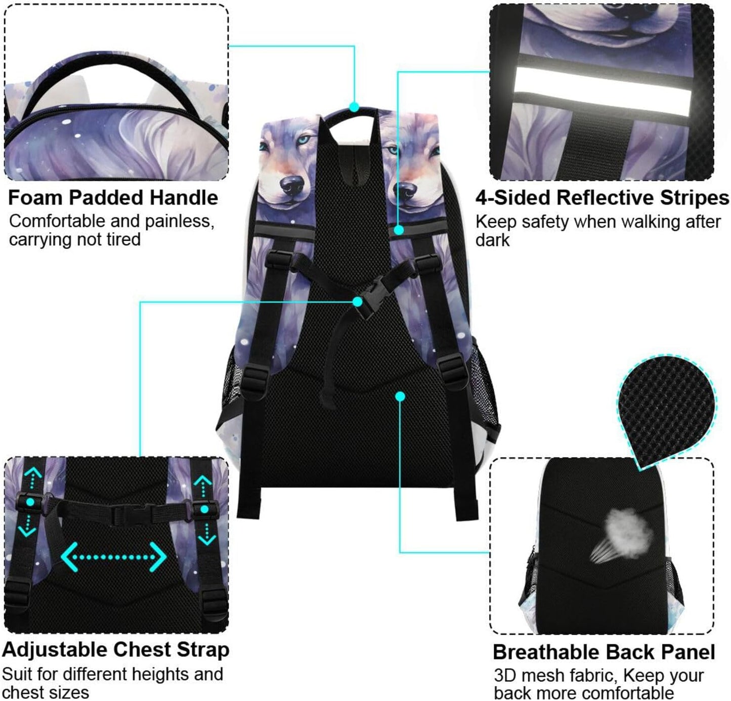 Wolf Watercolor Backpack for Boys Girls Elementary School Bag Kids Bookbag Travel Rucksack