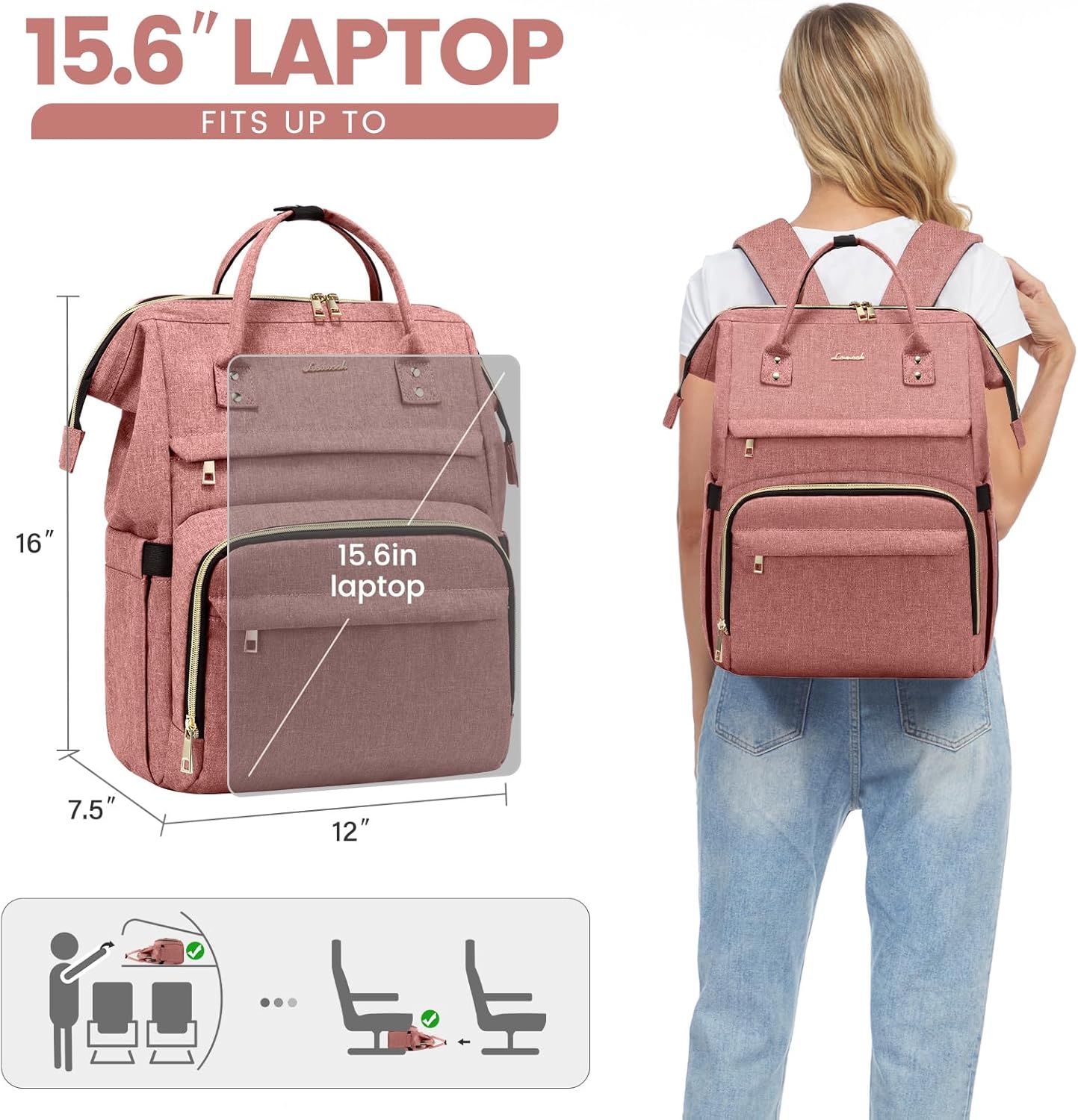 LOVEVOOK Laptop Backpack for Women, 15.6 Inch Professional Womens Travel Backpack Purse Computer Bag, Waterproof College Work Bag Carry On with USB Port, Light-pink