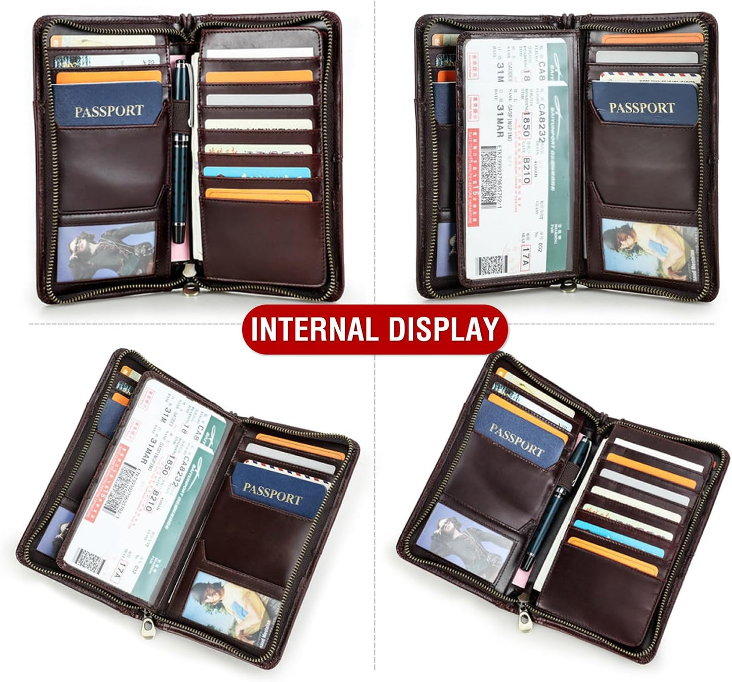 Top Grain Leather Travel Passport Wallet Holder for Man & Woman, Handmade with Three-Layer for 4