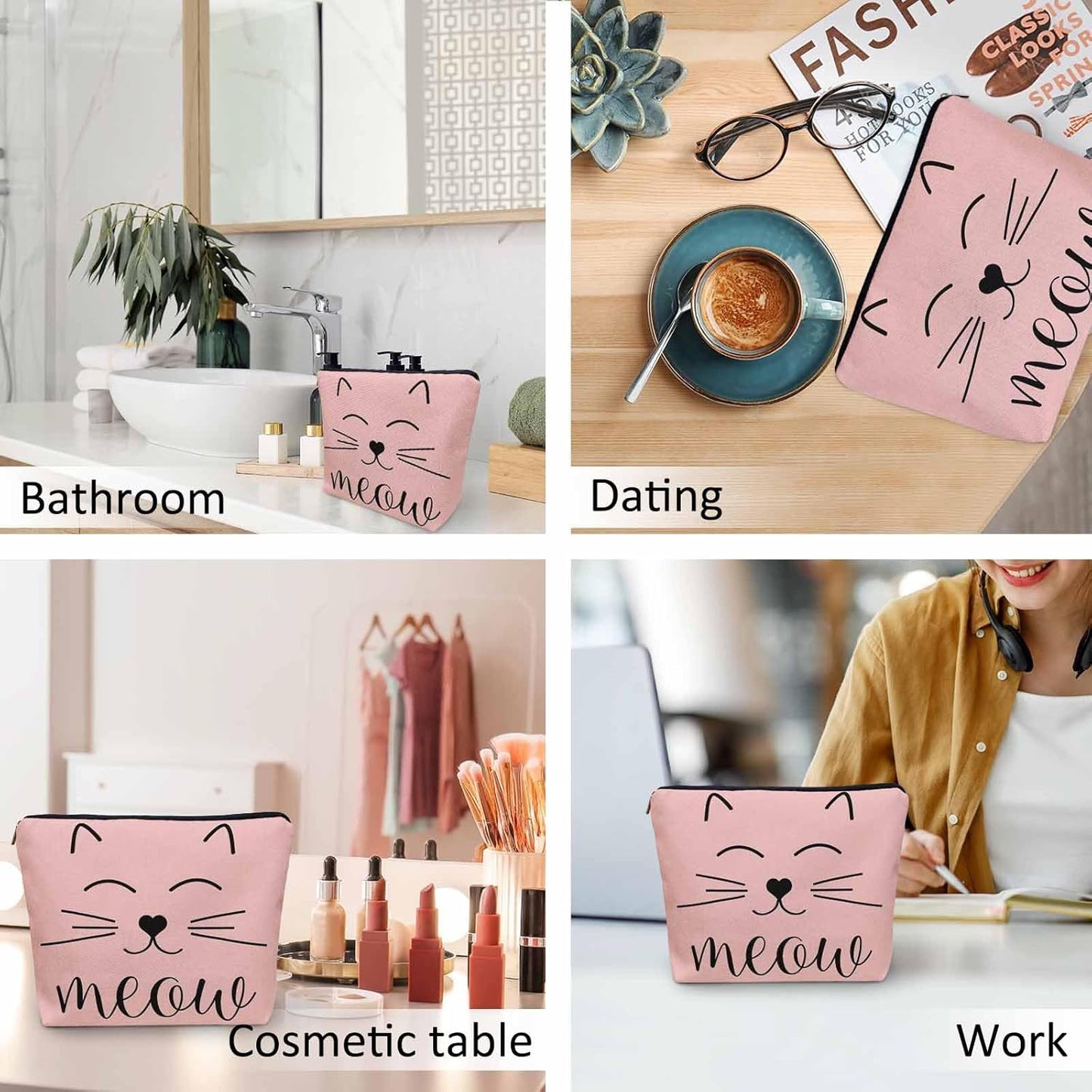 Cat Cute Cosmetic Bags For Women, Funny Kitten Cat Face Meow Roomy Makeup Bag Toiletry Bag Accessories Organizer Storage Bags Makeup Pouch For Travel Business Gym Camping Bathroom, Pink