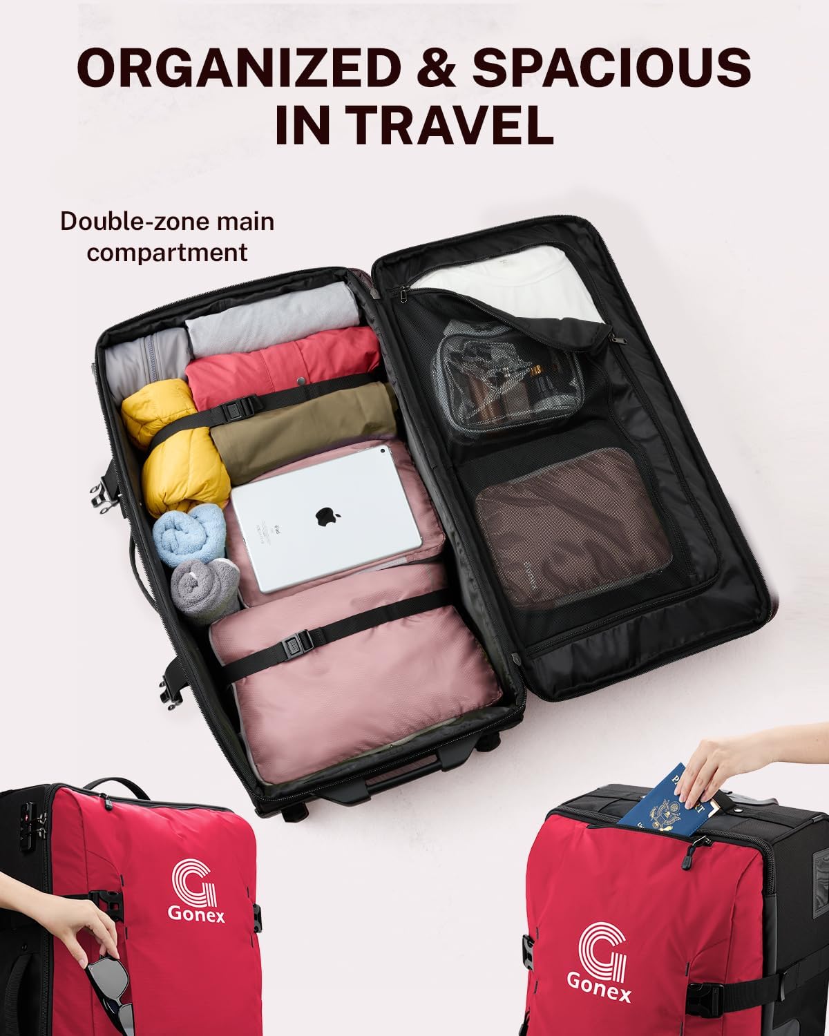 Gonex Rolling Duffle Bag with Wheels, Water-repellent 30 inch Nylon Large Wheeled Travel Duffel Luggage with TSA Lock & Telescopic Handle 100L, Red