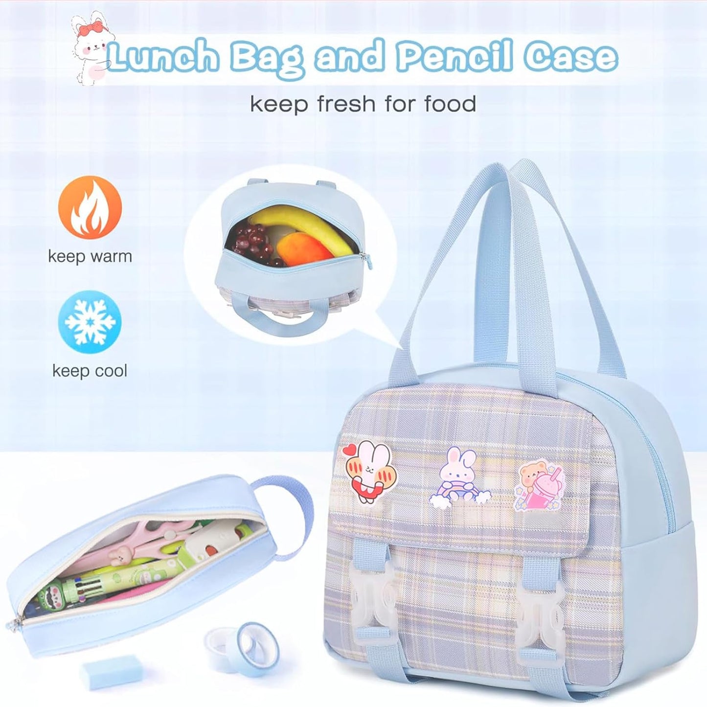 Cute Girls Backpack, 3PCS Cute Kids School Bag, 16.8 Inch Kindergarten Primary Backpack with Lunch Box Pencil Case Set(Blue)