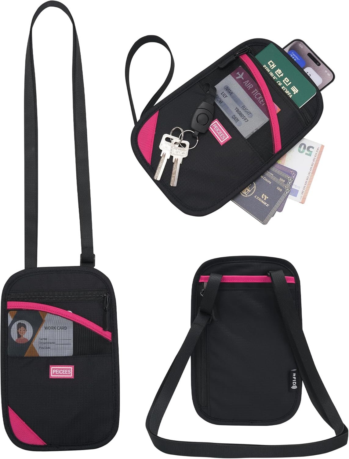 Peicees Neck Wallet, RFID Blocking Passport Holder, Easy to Conceal Travel Pouch, Rose