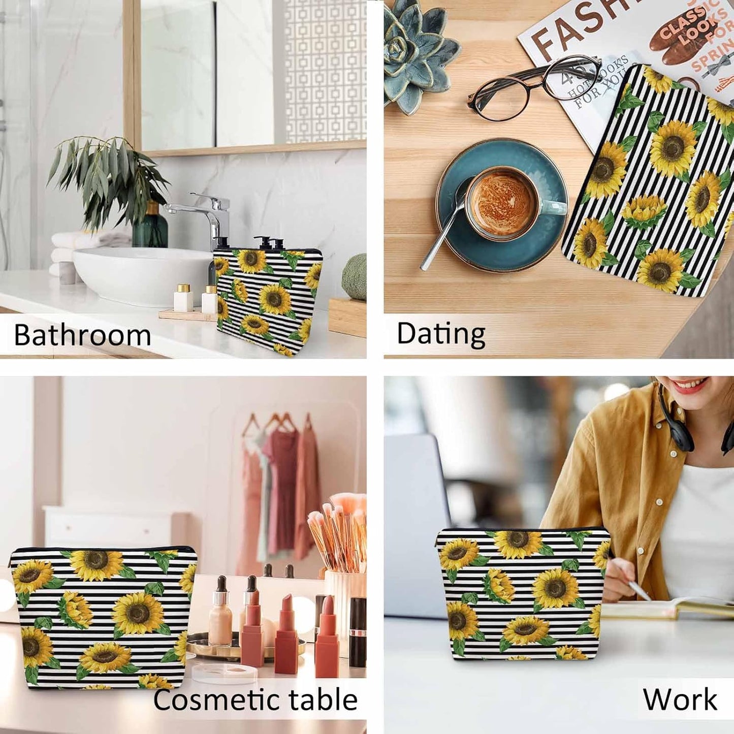 Makeup Bag Sunflower Makeup Bags For Purse Pouch, Yellow Sunflowers Stripes Travel Toiletry Bag Cosmetic Bag Makeup Bags Flax Makeup Organizer Bag Pencil Pouch For Man Woman