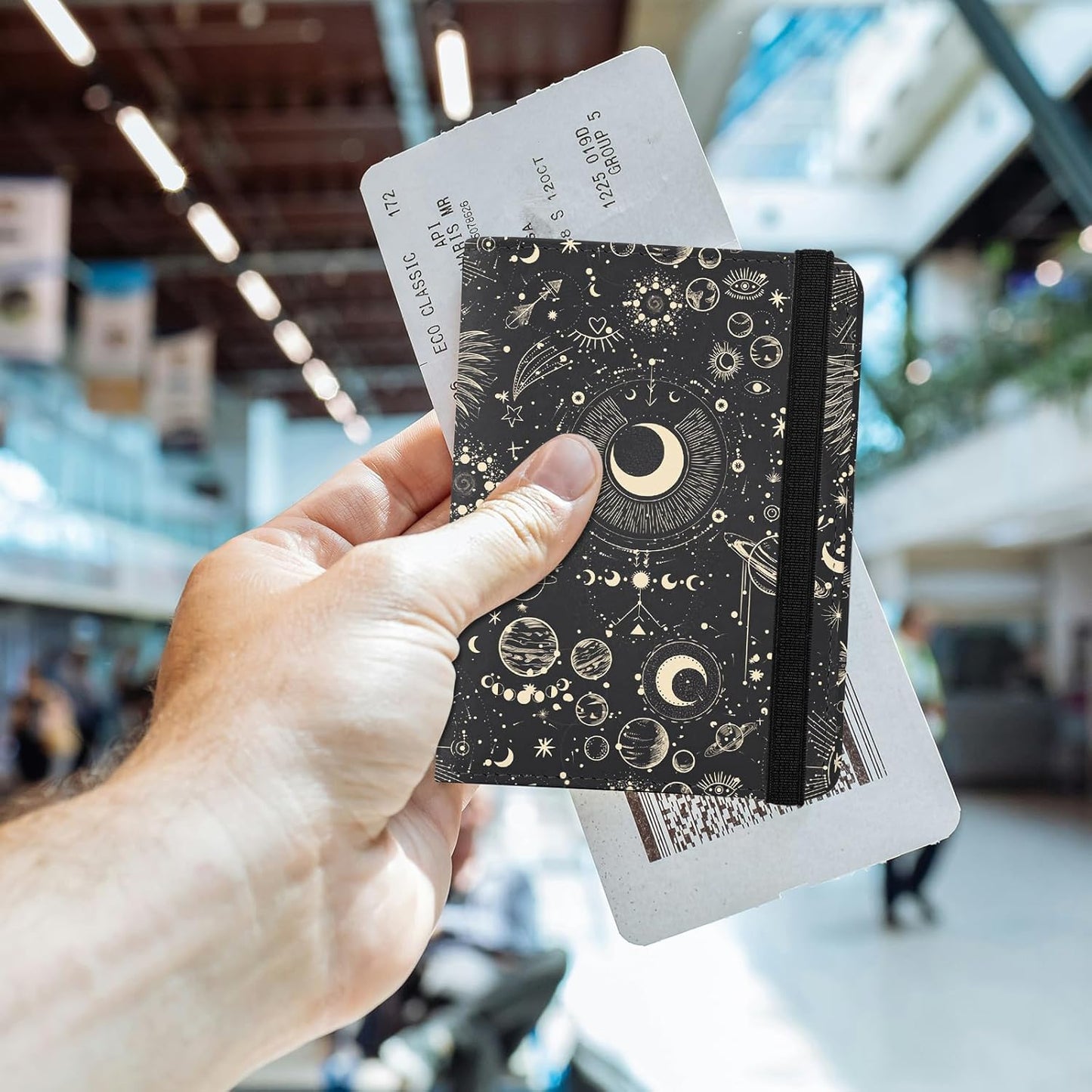 Cute Passport Holder and Holder Combo Passport Cover with Compatible Wallet Credit Card Protector RFID Blocking Women Men (Black Moon Sun)