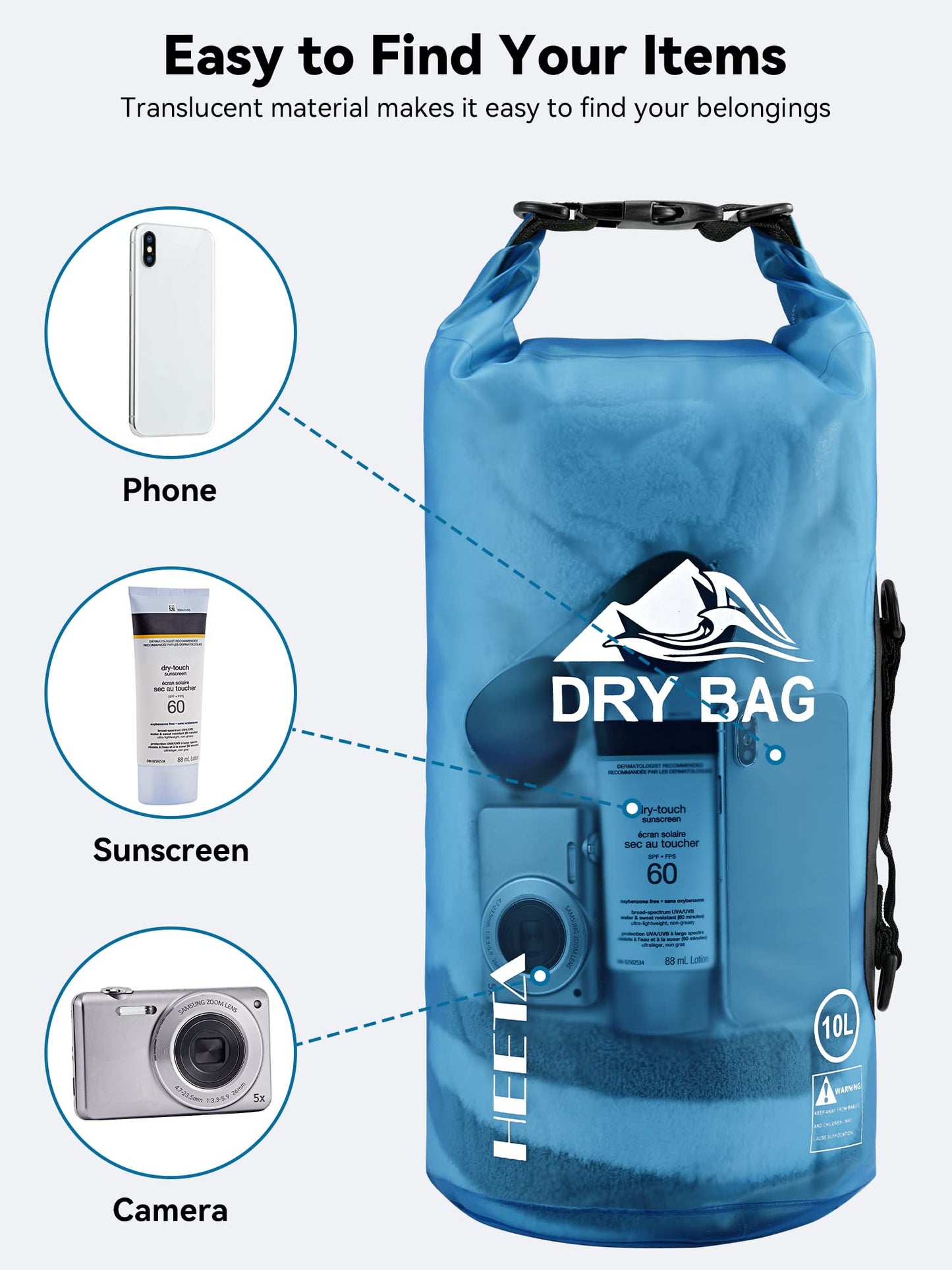 HEETA Dry Bag Waterproof for Women Men, Roll Top Lightweight Dry Storage Bag Backpack with Phone