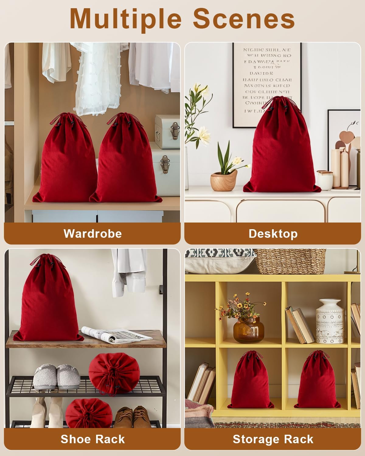 FantasyLife Shoe Bags for Travel, Washable Dust Bags for Storage & Packing, Flannel Shoe Pouch with Drawstring Closure for Purses, Handbags, Shoes & Toys (4, Rio Red)