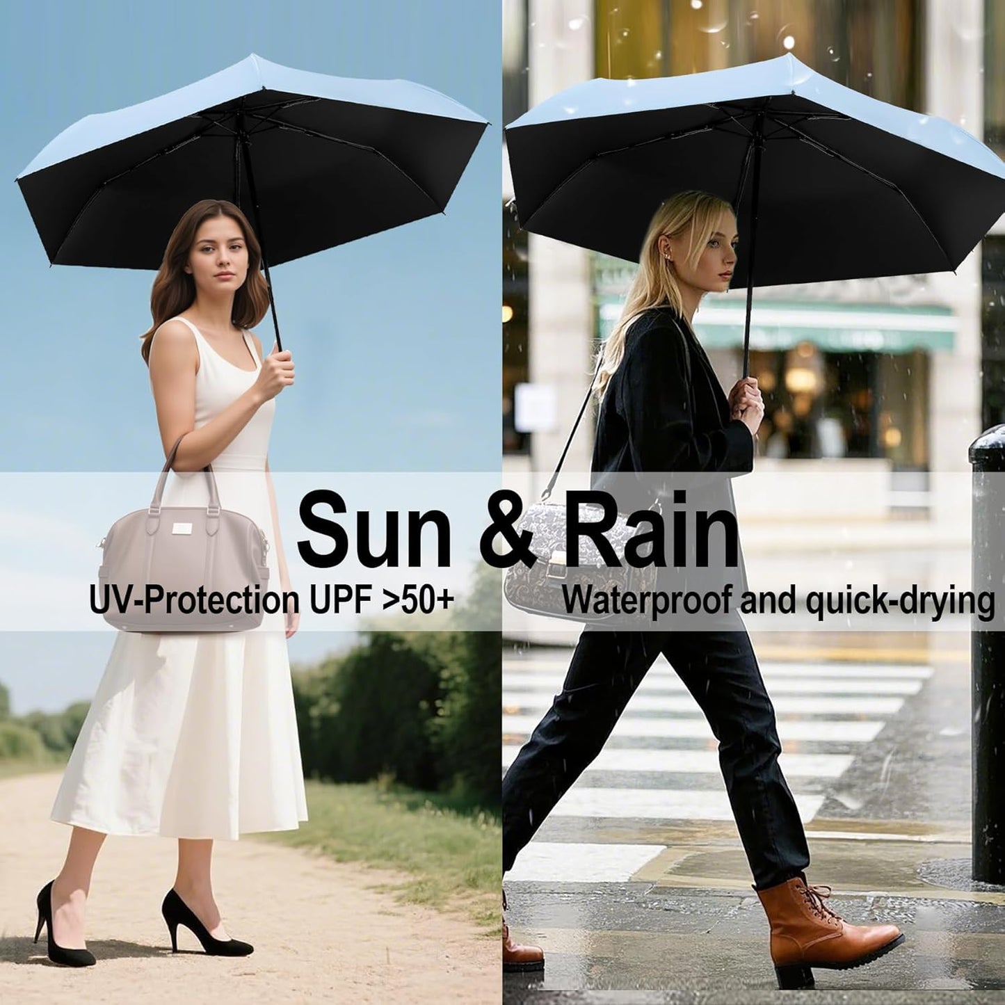 Auto Open Close Umbrella - Ultra Light Compact Travel & Backpack Size for Women and Men, UPF 50+ Eco-Friendly Sun Protection & Windproof Rain Umbrella with UV Defense