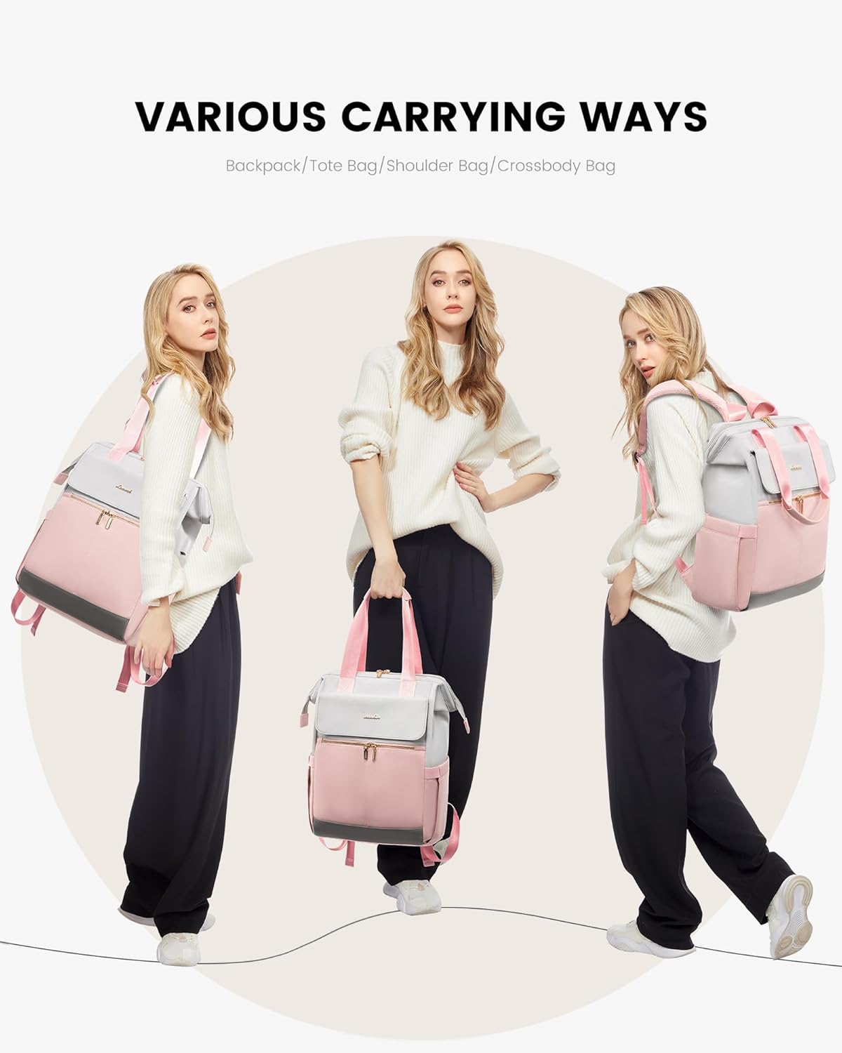LOVEVOOK 17.3 Inch Laptop Backpack for Women, Large Capacity Travel Backpack with Organizer Bag, Waterproof Carry on Backpack Work Bag with USB Port, Teacher Nurse Backpack Purse, 2PCS, Grey-Pink