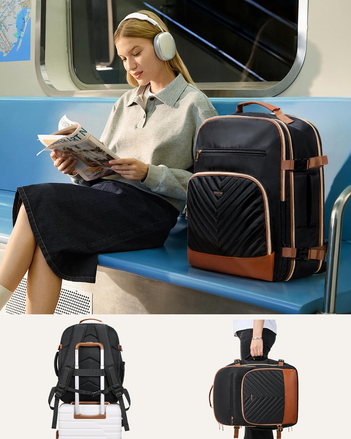 Telena Travel Backpack for Women, 17.3 inch Laptop TSA Carry On Personal Item Size Flight Approved Travel Bag Daypack with Multi-Pockets for Work, Travel, Business, Black-Brown