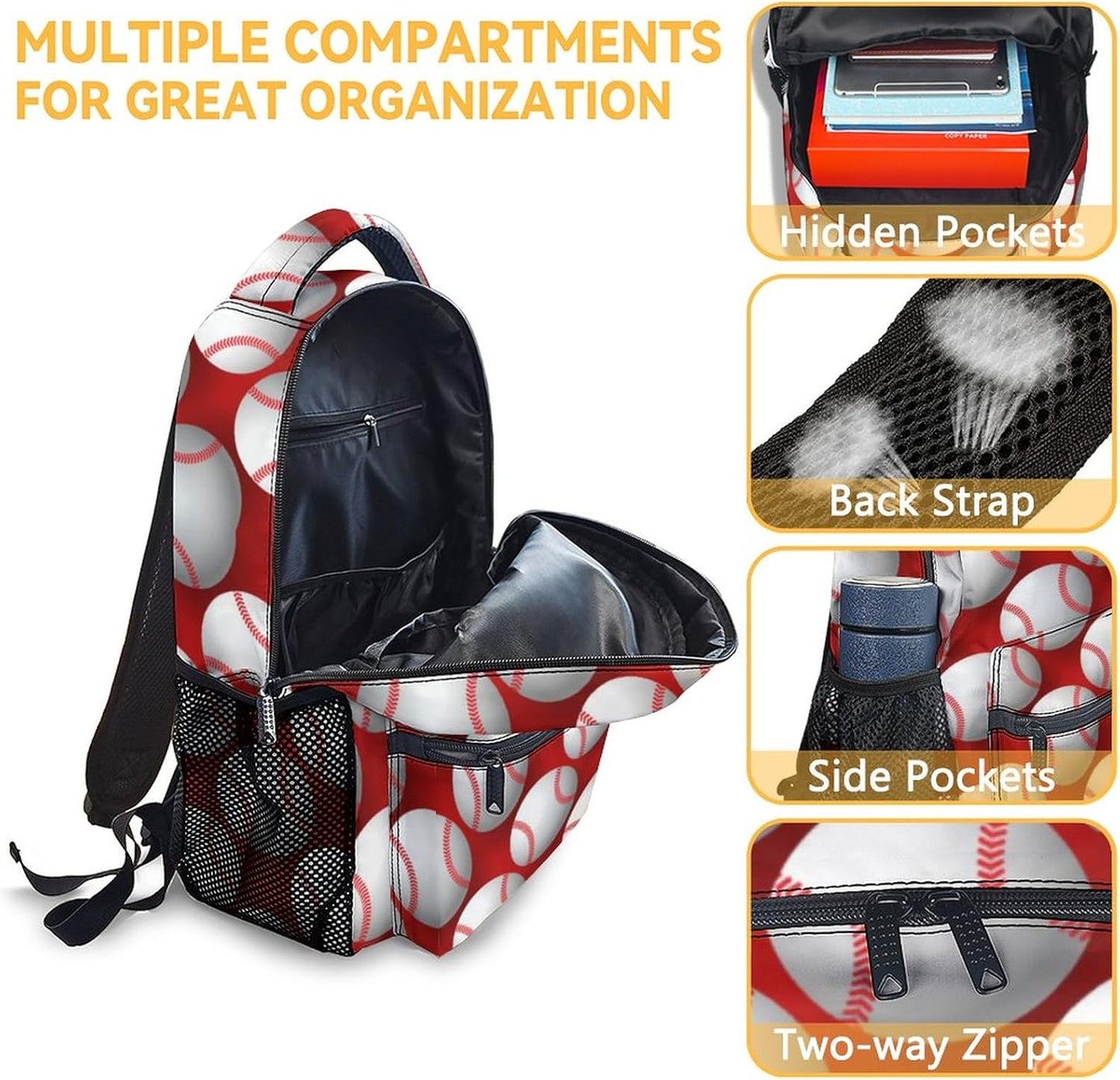 Baseball Backpack for Boys, 16 Inch Sports Theme Backpack for School, Adjustable Straps, Durable, Lightweight Bookbag for Kids