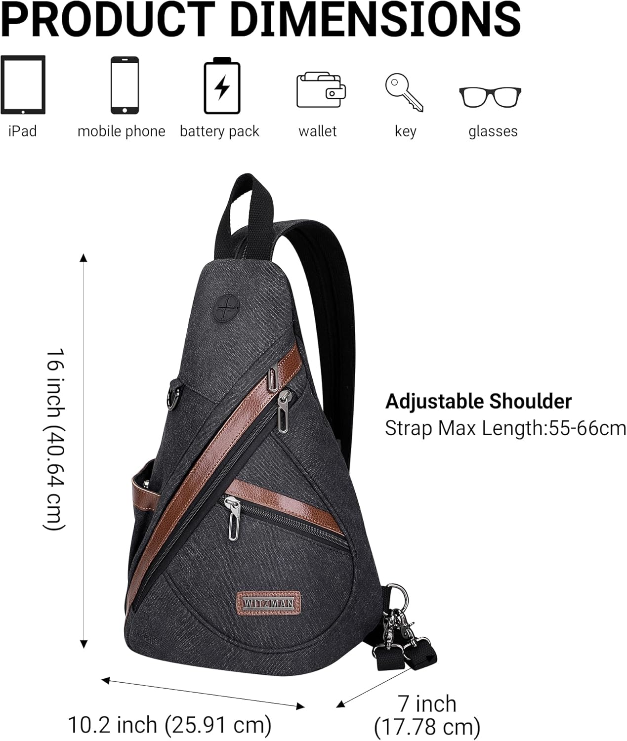 WITZMAN Canvas Sling Bag for Men Women Convertible Sling Backpack Crossbody Vintage Chest Bag Travel Casual Daypack(A8003 Classic Black)
